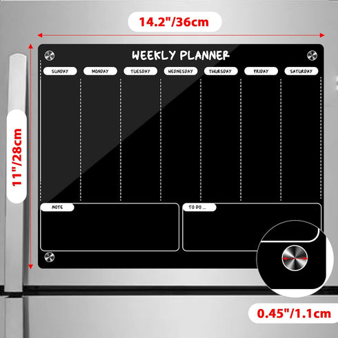 Weekly Dry Erase Board for Refrigerator, Black Acrylic Calendar Note Board, Double-Sided Planner