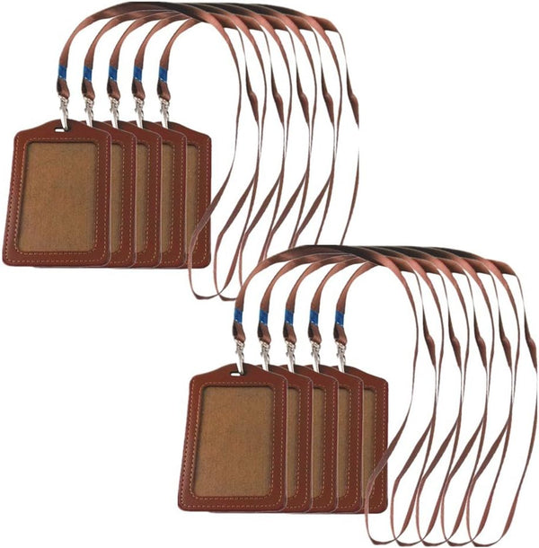 yueton 10pcs Vertical Style Leather Business ID Badge Holder - Brown with Long Neck Strap Lanyard