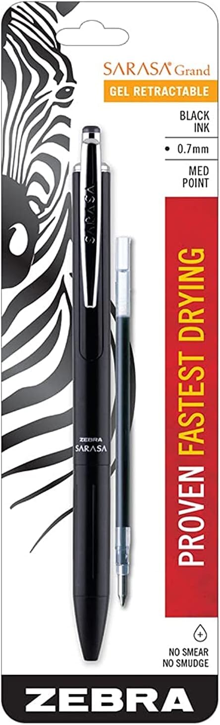 Zebra Pen Sarasa Grand Retractable Gel Pen with Ink Refill, Black Barrel, Medium Point 0.7mm, Black Ink