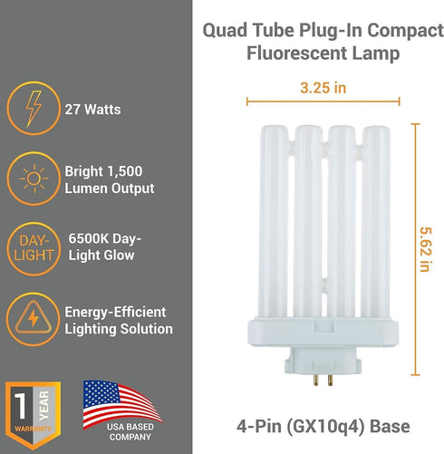 27W FML 4-Pin GX10q4 1500 6500K Diodesy- Compact Fluorescent Quad Tube Plug-in Lamp Replacement Base Lumens Daylight