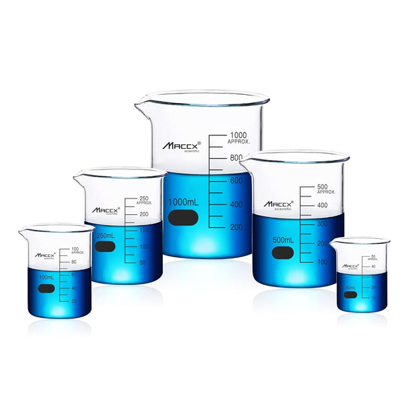 Sturdy Glass Beakers, 50ml 100ml 250ml 500ml 1000ml, 3.3 Borosilicate Griffin Low Form with Printed Graduation,