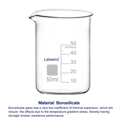 Glass Beaker, 50 ml Borosilicate Graduated Low Form Griffin Beaker with Pouring Spout, 1 Pack, High Temperature