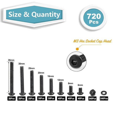 720 Pcs M3 Screws Nuts Washers Assortment M3x6MM-35MM, Hex Socket Button Head Metric M3 Machine Bolts Kit, 10.9 Grade Alloy Steel,Black Screws for 3D Printing