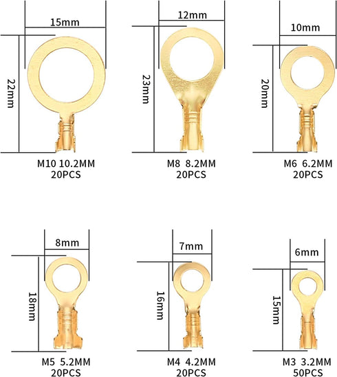 160 Pcs Copper Ring Terminals, M3/M4/M5/M6/M8/M10 Brass Wire Connectors, Open Barrel Wire Ring Cable Lugs Crimp Kit, Brass Copper Ring Crimp Cable Terminals Electrical Terminals Kit