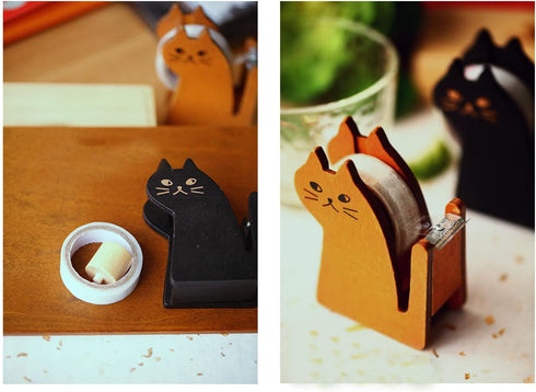 Tape Dispenser, Cute Cat Tape Dispenser, Vintage Wooden Kitty Tape Cutter with 1 Roll Tape for Home Office Desktop Accessory for Students Girls Boys by Hibucuo
