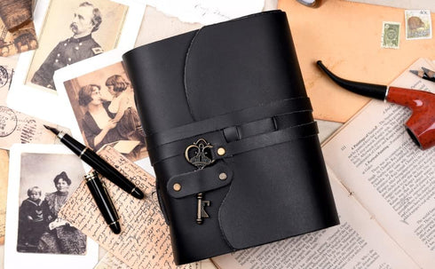 Vintage Leather Journal by LEATHER VILLAGE, 200 Handmade Deckle Edge Paper, Black, 6X4 inches (A6) with Key Closure