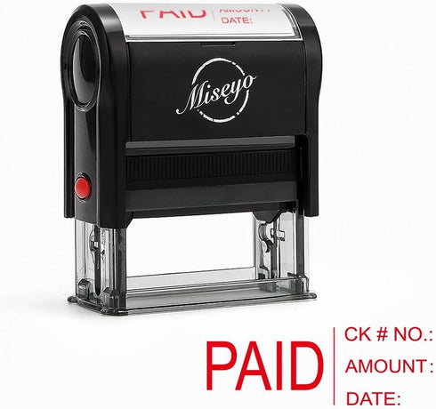Miseyo Self Inking Paid Stamp with Date, Check Number, Amount - Red Ink