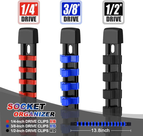 Uopyeri 3-Piece Set, 1/4", 3/8", 1/2" 43 Toolbox Socket Organizer Rail Heavy Duty Socket Holder for Drive, Clips Spring