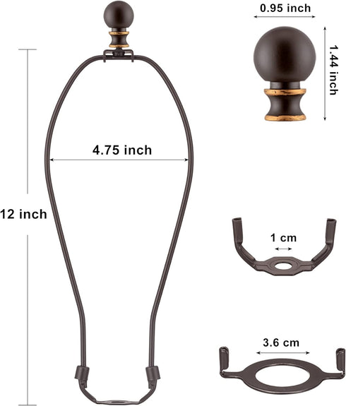 Bronze Lamp Shade Harp with Lamp Finials, 12 Inch Set for Table & Floor Lamps, E26 Light Base Adapter