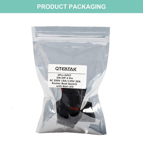QTEATAK 2Pcs DPST 4 Pins 20A/125V 15A/250V Boat Rocker Toggle Switch with Red LED Light, 2 Position ON/OFF
