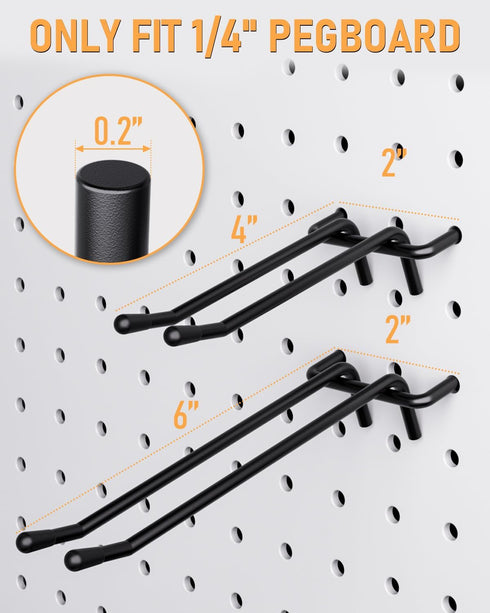 INCLY 4/6 Inch Black Pegboard Hooks, 36 Pack Heavy Duty Double Arm Straight Hooks for 1/4" Pegboard, Garage, Craft