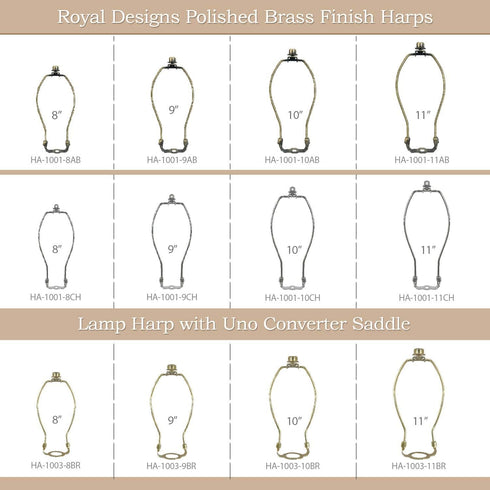 HA-1001-8PB-1 8 inch, Royal Designs, Inc. Heavy Duty Harp for Lamp Shade Holder, Polished Brass Base
