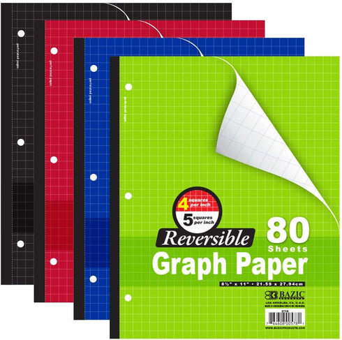 BAZIC Notebook 80 Sheets 5" Quad Graph Ruled Notebooks, Reversible 4", Easy Tear 3 Punched Holes, Squares Ruled