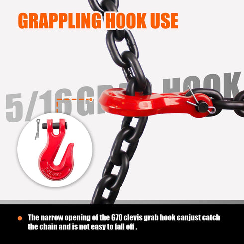 G80 Transport Binder Chain 5/16 Inch x 16 Foot, 4,900 lbs Safe Working Load, Tow Chain with Clevis Hooks