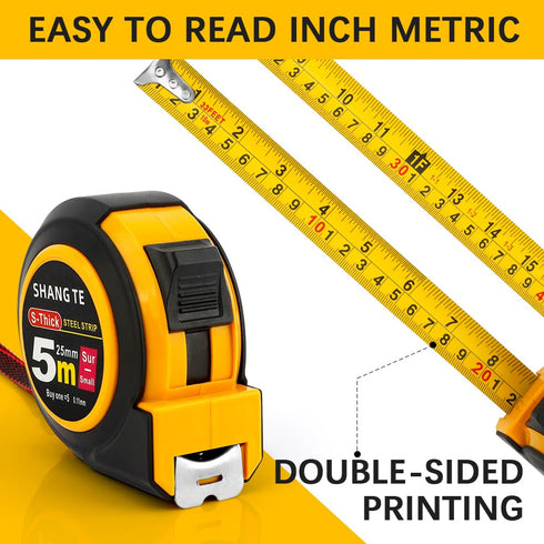 Tape Measure 16 Ft Steel Retractable Self-Locking Measuring Tape with Fractions, Easy Read Metric Measuring Tape
