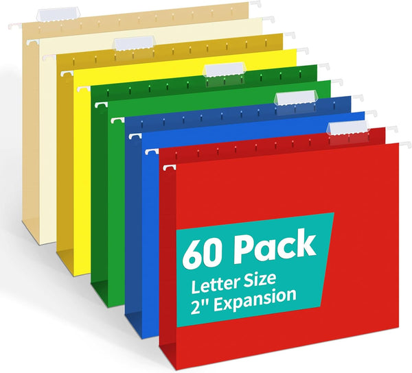 HERKKA Extra Capacity Hanging File Folders, 60 Pack, Letter Size, Heavy Duty 2 Inch Expansion, Assorted Colors