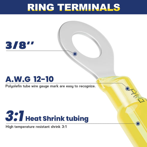 haisstronica 80PCS Heat Shrink Ring Terminals 3/8" Marine Grade Wire Connectors, Yellow AWG 12-10 Gauge