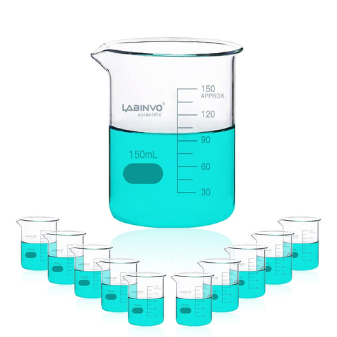 Low Form Graduated Glass Beaker Set, 10pcs of 150ml, 3.3 Borosilicate Glass