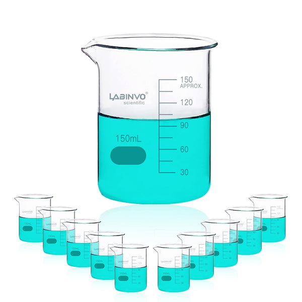 Low Form Graduated Glass Beaker Set, 10pcs of 150ml, 3.3 Borosilicate Glass
