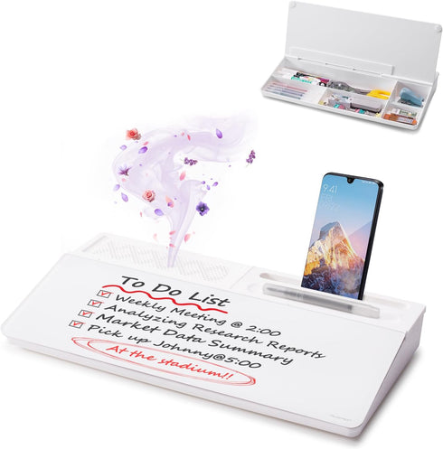 Small Glass Desktop Whiteboard, Dry-Erase Board with Aromatherapy and Desk Organizers for Office