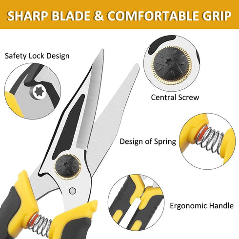 Stainless Steel Industrial Scissors, Heavy Duty Utility Scissors with Non-Slip Handle & Safety Lock, 9-Inch