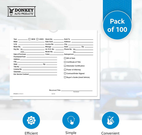Printed Vehicle Deal Envelopes 9x12 Deal Jackets, 100 shrink wrapped, White