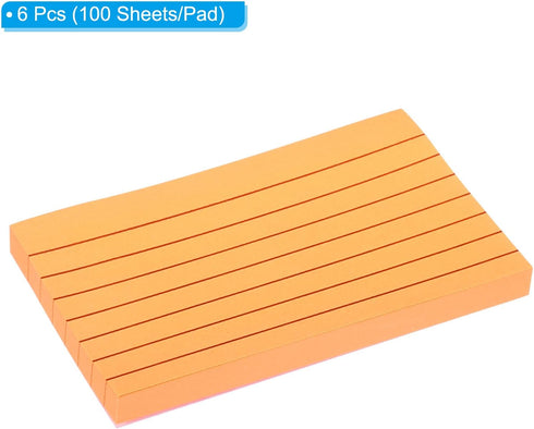 PATIKIL Lined Sticky Notes, 3 x 5 Inch, 6 Pack Fluorescent Self-Stick Note Pads, 100 Sheets/Pad, Orange
