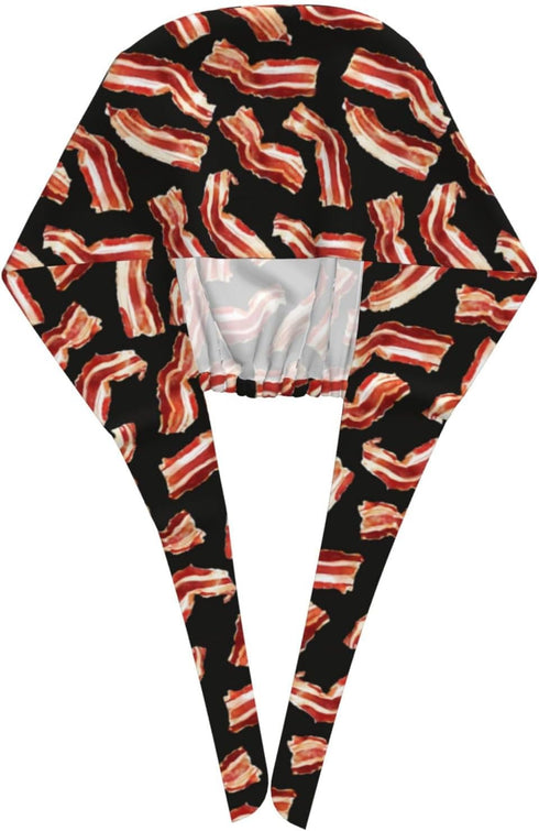 Nurse Scrub Cap Men Women with Buttons - Bacon Pattern A Print Soft Comfy Surgical Cap, Adjustable Tie Back Scrub Nurse