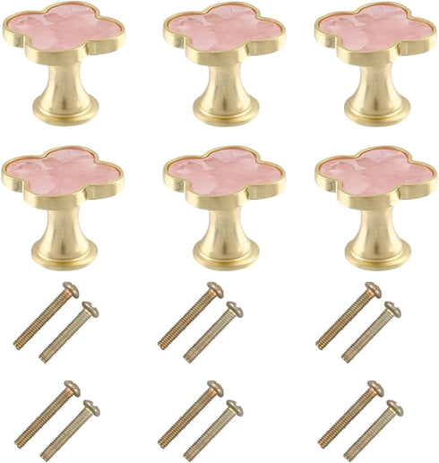 6 pcs Pink Clover Knobs, Four-Leaf Clover Handles for Cabinet, Dresser, Drawer Pulls, Door Knobs