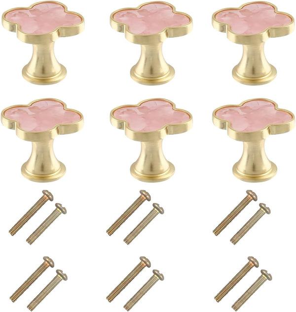 6 pcs Pink Clover Knobs, Four-Leaf Clover Handles for Cabinet, Dresser, Drawer Pulls, Door Knobs