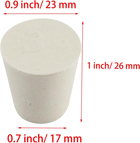 White Tapered Solid Rubber Stopper, Size 3# 0.9x0.7x1inch / 23x17x26mm, 10 per Package