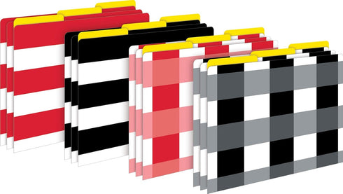 Barker Creek Designer File Folder and Library Pocket Set, 12 Colorful File Folders, Buffalo Plaid & Wide Stripes, 30