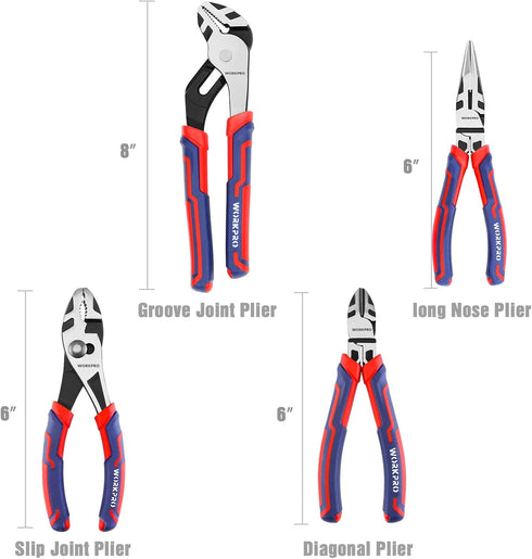 4-Piece Set Set WORKPRO Pliers - Premium CR-V Construction Tool Including Long Nose, Diagonal Cutting, Groove Joint