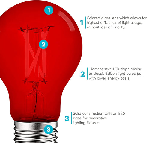 LUXRITE A19 Edison LED Red Light Bulb 4.5W (60W Equivalent) Colored Glass Filament E26 Standard Base