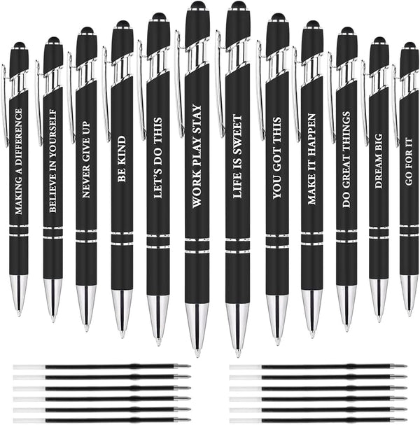 AUAUY 12 PCS Snarky Office Ballpoint Pens Set, 1 mm Black Ink, 12 Replacement Refills, 2 in 1 Stylus Pen, Funny Pens