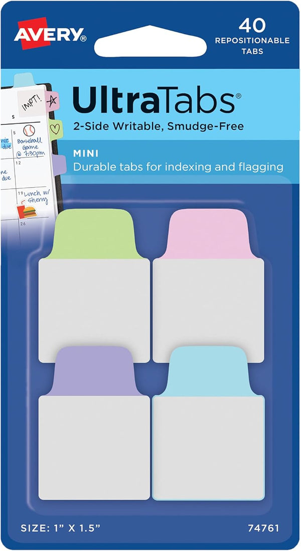 Avery Mini Ultra Tabs, 1" x 1.5", 2-Side Writable, Assorted Pastel Colors, 40 Repositionable Tabs
