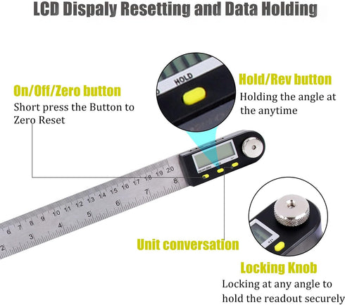Delgada 200mm/8Inches Digital Angle Finder Ruler - Stainless Steel Protractor for Woodworking and Construction - Battery Included