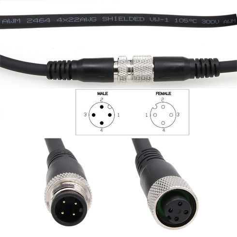 M12 A Coding 4 Pin Male to Female Actuator Sensor Electrical Signal Cable for Industrial Controls, Device Network