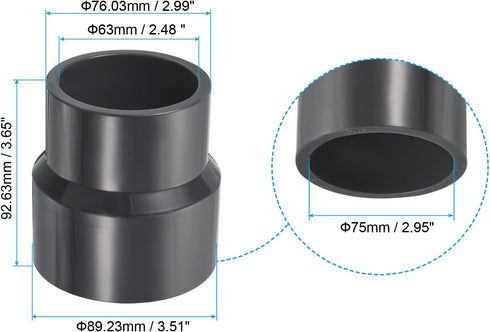 PATIKIL PVC Reducer Pipe Fitting 3x2.5 Inch Socket, 2 Pack Straight Coupling Adapter, Grey