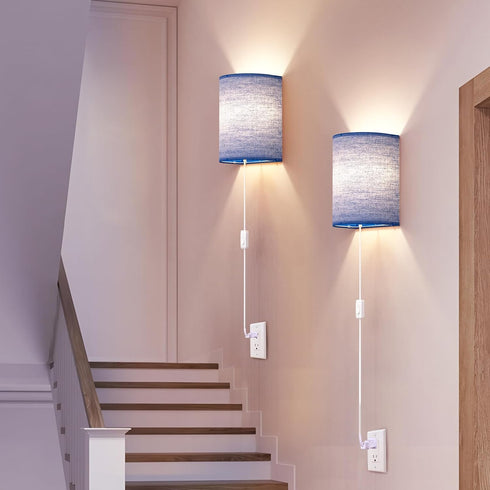Set Plug in Wall Sconces of Two: Wall Lights with On/Off Switch - Stepless Color Temperature Wall Mount Lamps - Fabric