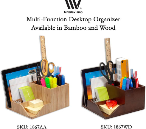 MobileVision Bamboo Multi-Function Desktop Organizer - Store Notepads, Folders, Paperclips, Business Cards & More