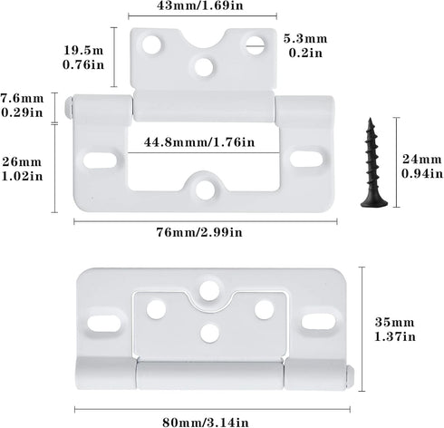 Worldity 10 Pack Hinges,3 Inch White Shutter Non Mortise Hinge, Screen Door Hinges Easy to Install, Screen Door Hinge