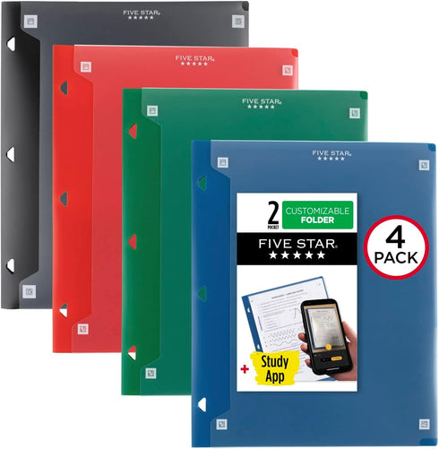 Five Star Pocket Folder + Study App, 4 Pack, 2 Pocket Folder, Customizable Cover, Fits 3 Ring Binder, Assorted Colors