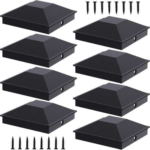 4x4 Post Caps Black (Actual 3.5" x 3.5"), 8 Pack with 16 Screws, Waterproof Plastic Deck Post Caps