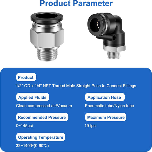 12 Pcs Push to Connect Fittings 1/2 Inch Tube OD x 1/4 Inch NPT Thread Pneumatic Male Straight and Elbow Quick Connect Air line fittings