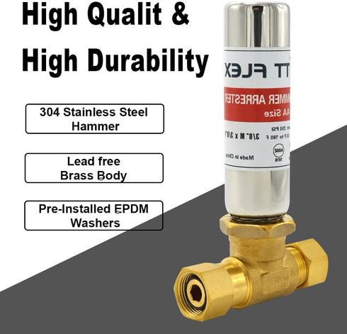 Stainless Steel Water Hammer Arrestor, 3/8" Male Compression and 3/8" Female Compression for Dishwasher and Toilet