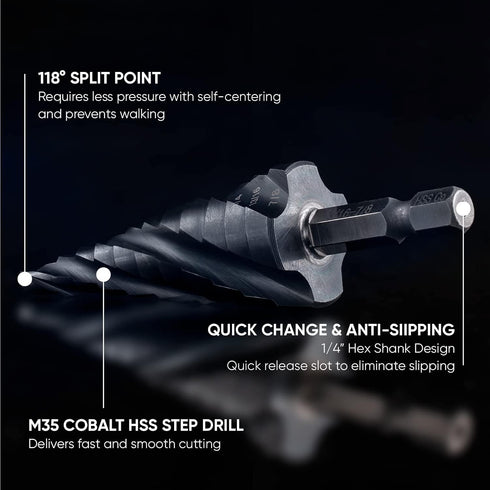 Toolant Four Spiral Flute Cobalt Step Drill Bit, 3/16" - 7/8" Impact Ready Unibit Step Bit for Metal