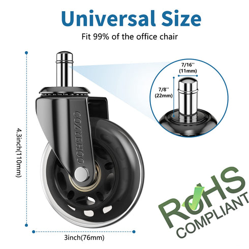 Office Chair Wheels, Heavy-Duty 3 Inch Caster Wheels, Replacement Rubber Casters for Wood Floors/Carpet, Set of 5