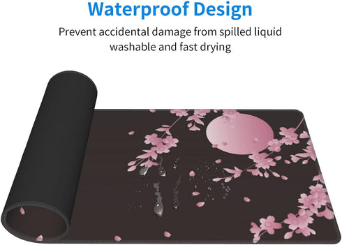 Sakura Cherry Blossom Large Gaming Mouse Pad 31.5x11.8in, Non-Slip Rubber Base, Waterproof Flower Design for Office/Game
