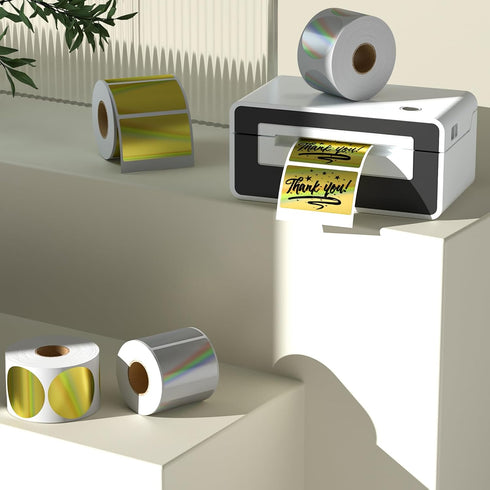 Holographic Thermal Labels Gold 400Pcs/Roll - 2” Round Self Adhesive Thermal Printer Label Stickers for Business Logo